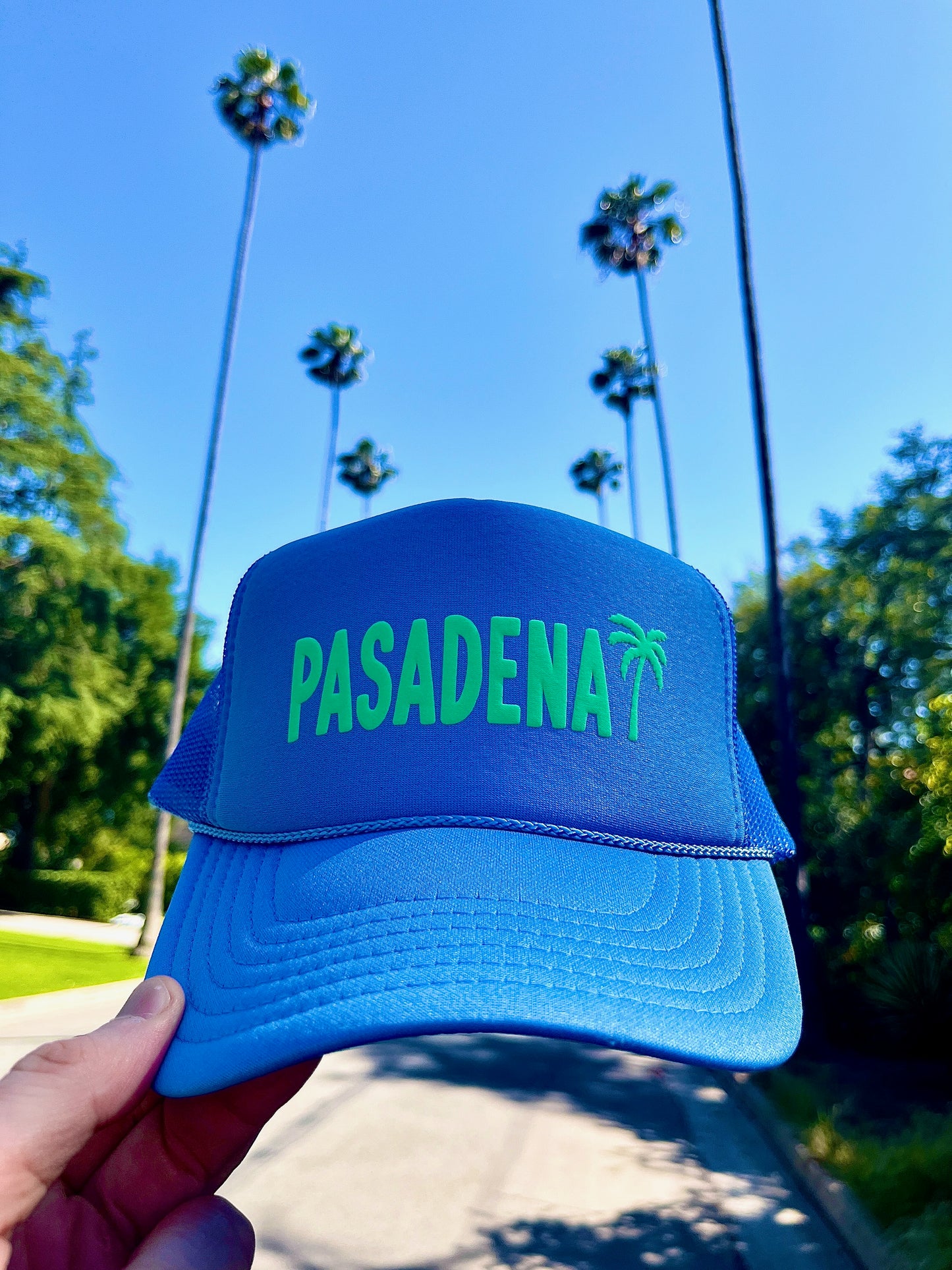 Pasadena Palm Tree Trucker Hat - BLUE HAT WITH GREEN FONT