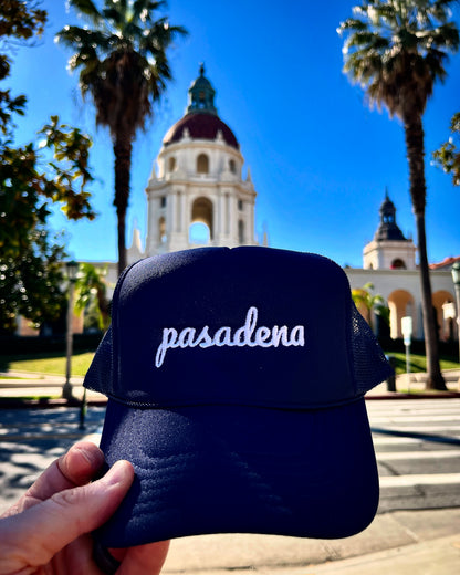 Pasadena Embroidered Cursive Trucker Hat - NAVY BLUE