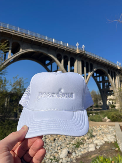Pasadena Embroidered Cursive Trucker Hat - WHITE