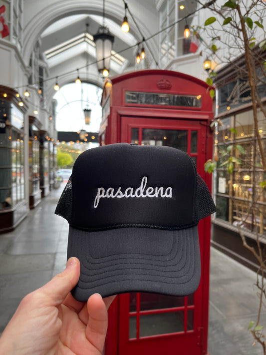 Pasadena Embroidered Cursive Trucker Hat - BLACK