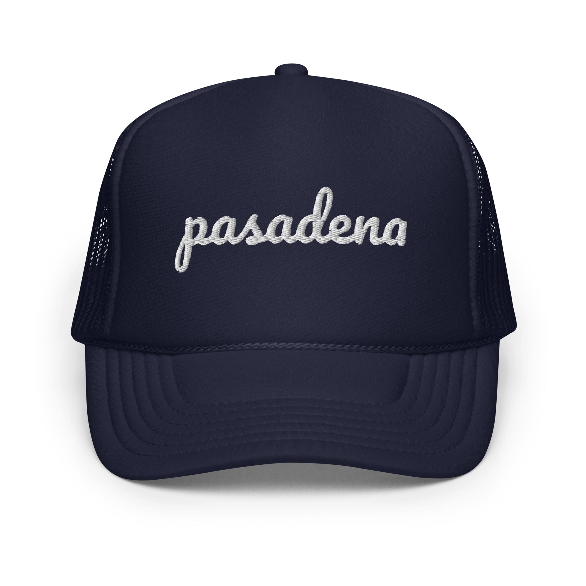 Pasadena Embroidered Cursive Trucker Hat - NAVY BLUE – HEY NEIGHBOR