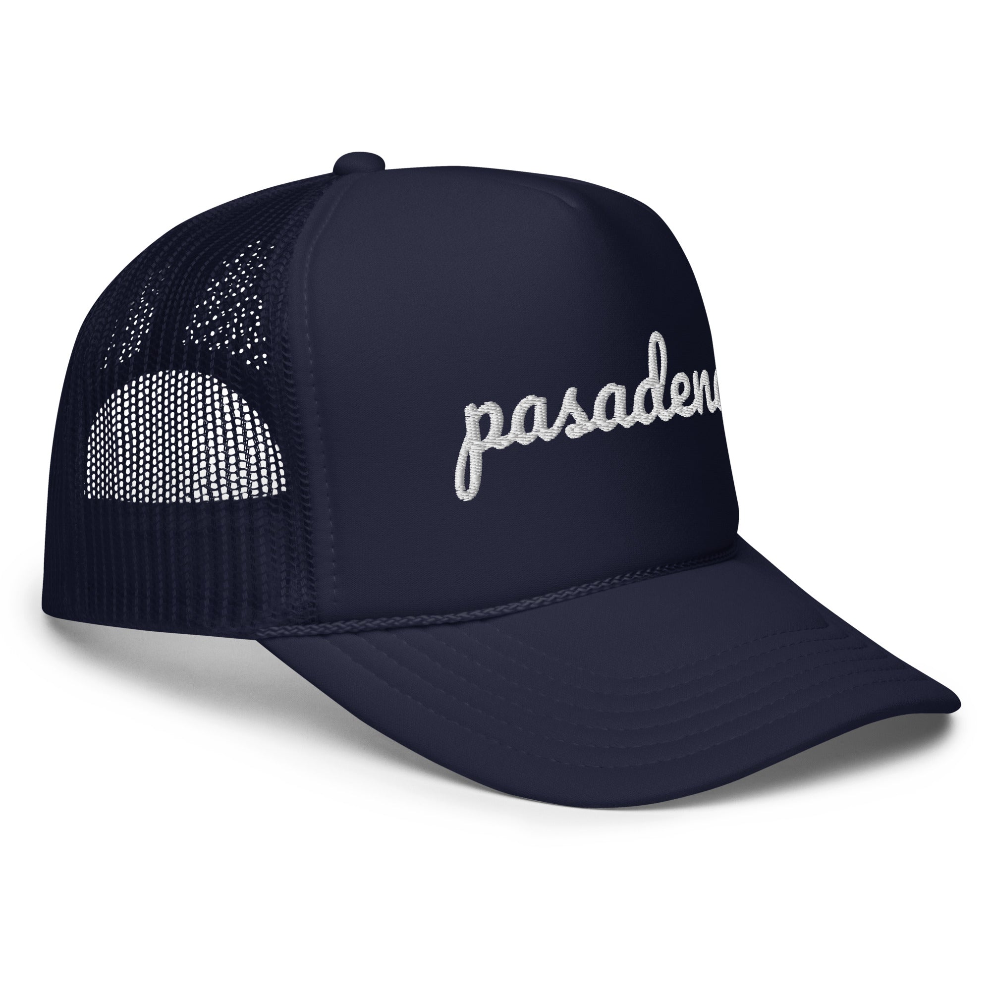 Pasadena Embroidered Cursive Trucker Hat - NAVY BLUE – HEY NEIGHBOR